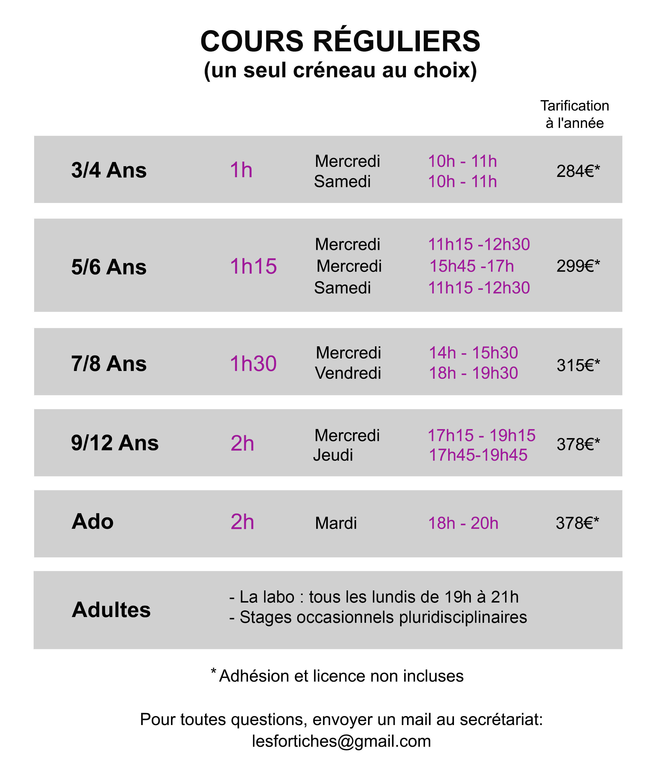 1 planning horaires tarifs cours hebdomadaires fortiches cirque 2022 2023